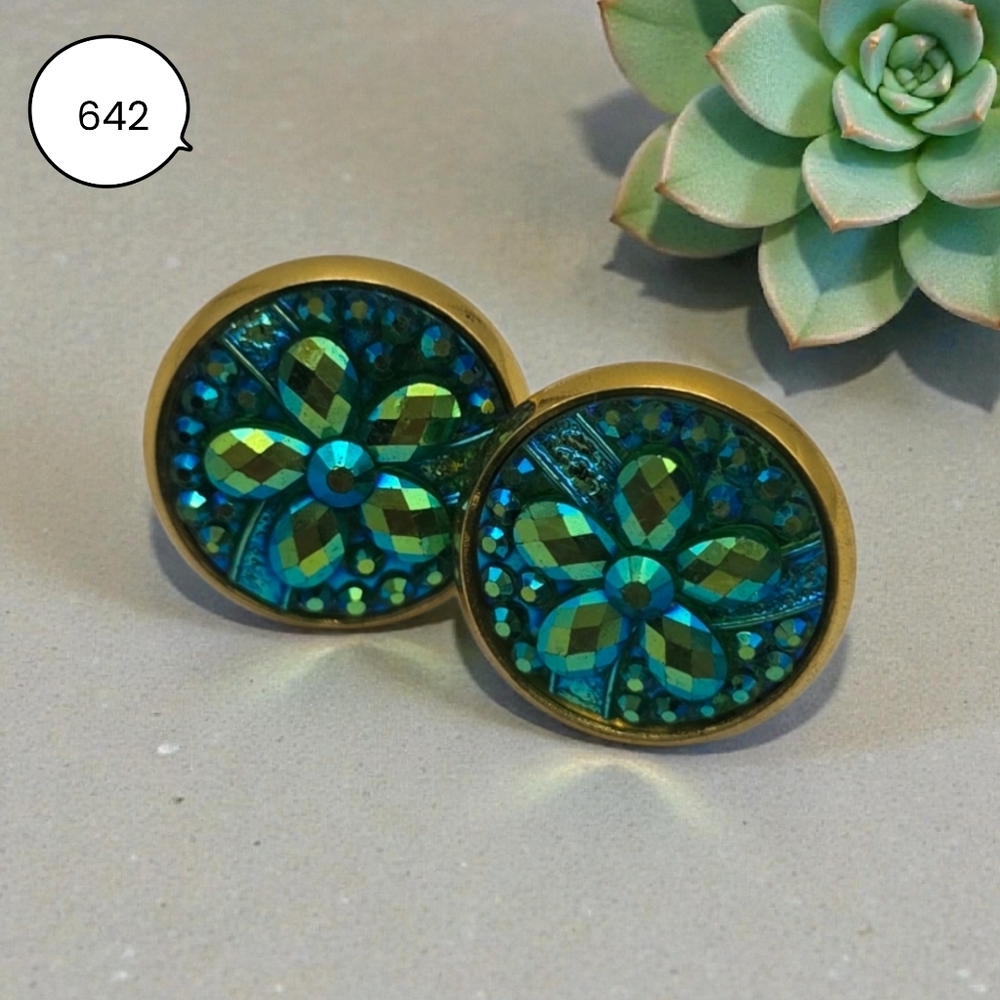 Green Iridescent Floral Stud Earrings | Gold Tone Round Statement Earrings